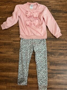 Kids Pink Bow Sweatshirt & Leopard Leggings Matching Set